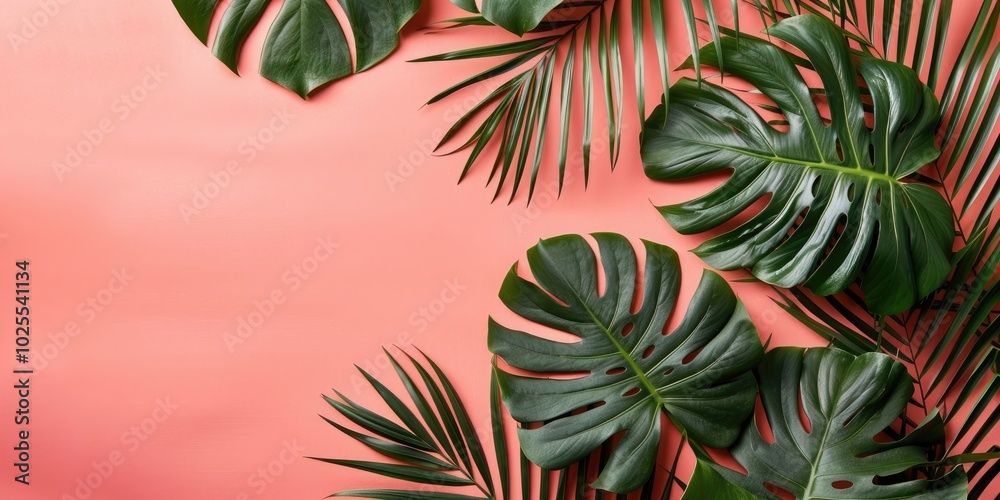 Tropical green palm leaves on a pink background with copy space, a banner design. Monstera plant leaves on a coral-colored background with an empty space for text or a message Tropical green palm leaves on a pink background with copy space, a banner design. Monstera plant leaves on a coral-colored background with an empty space for text or a message