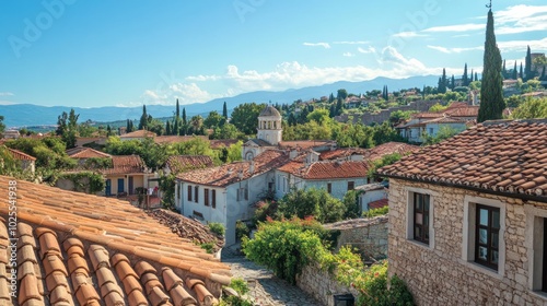 Fototapeta Naklejka Na Ścianę i Meble -  A picturesque, sun-drenched village nestled amidst rolling hills with terracotta roofs, cobblestone streets, and a bell tower.