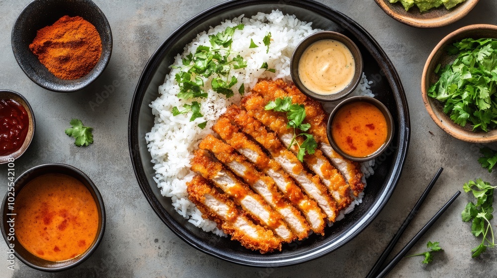 Crispy Chicken Cutlet with Rice and Dipping Sauces Crispy Chicken Cutlet with Rice and Dipping Sauces