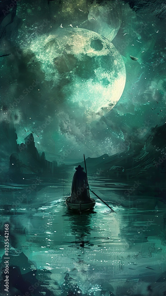 A Solitary Boatman Under a Mystical Moon A Solitary Boatman Under a Mystical Moon