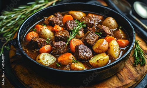 Beef stew simmering in a cast-iron pot over flames, with beef, potatoes, carrots, and a ladle ready