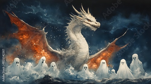 Watercolor Dragon Surrounded by Haunting Spirits in Stormy Sky