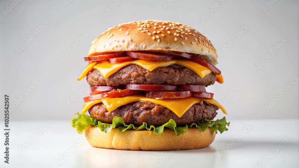 Delicious triple meat hamburger with bacon and yellow cheese on white surface animation Delicious triple meat hamburger with bacon and yellow cheese on white surface animation