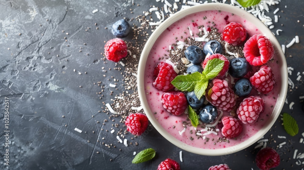 Elegant Smoothie Bowl with Fresh Berries and Coconut on Grey Stone Background Elegant Smoothie Bowl with Fresh Berries and Coconut on Grey Stone Background