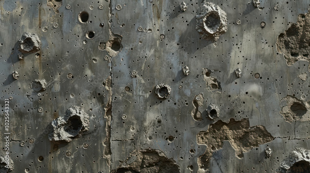 Close-up of a weathered, pitted concrete surface with numerous holes and cracks. Close-up of a weathered, pitted concrete surface with numerous holes and cracks.