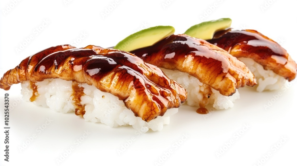 Delicious Sushi with Glazed Eel and Avocado Slices Delicious Sushi with Glazed Eel and Avocado Slices