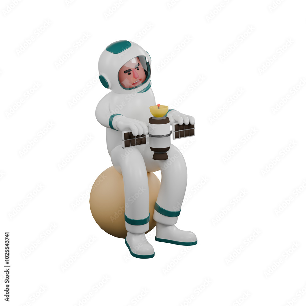 3D Illustration of Professional Male Astronaut. A male astronaut sits on the moon with both hands holding the satellite wings and his head tilted to the right. Space 3D Illustration of Professional Male Astronaut. A male astronaut sits on the moon with both hands holding the satellite wings and his head tilted to the right. Space
