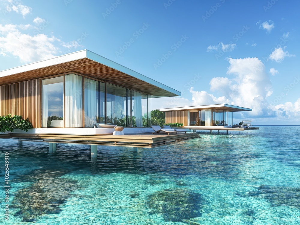 Fototapeta premium Modern Overwater Villas with Ocean Views and Clear Water