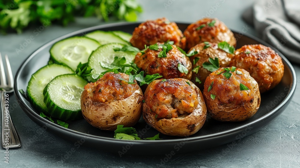 A plate of stuffed potatoes with ground meat, cucumber slices, and parsley on a grey background. A plate of stuffed potatoes with ground meat, cucumber slices, and parsley on a grey background.