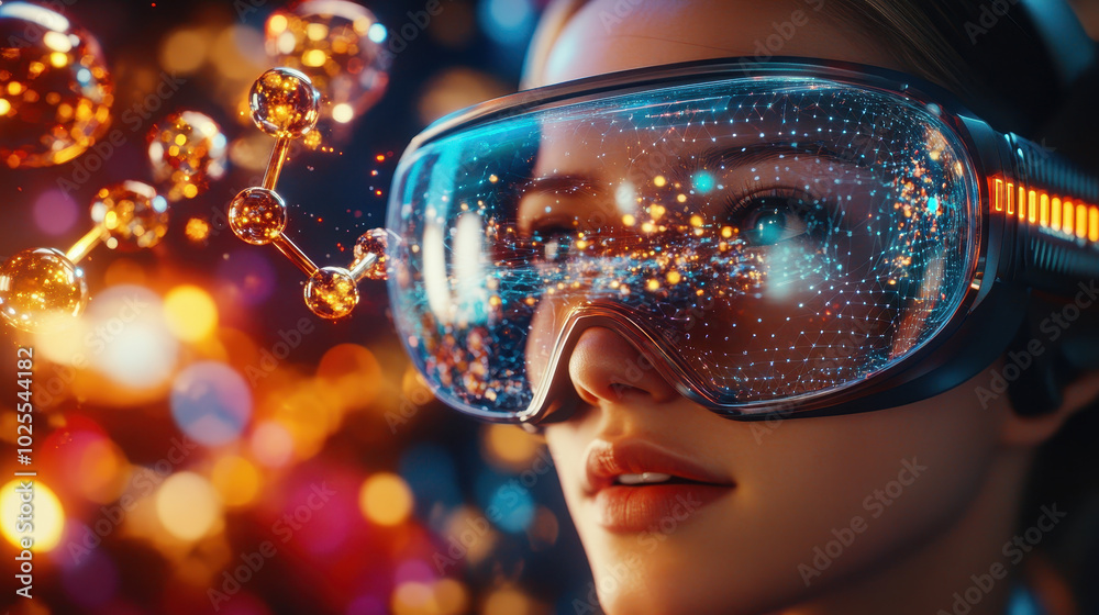 Immersed in vibrant world of augmented reality, researcher explores molecular structures through advanced technology. colorful backdrop enhances futuristic atmosphere Immersed in vibrant world of augmented reality, researcher explores molecular structures through advanced technology. colorful backdrop enhances futuristic atmosphere