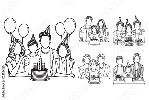 Illustration of a happy family with a birthday cake in line art style