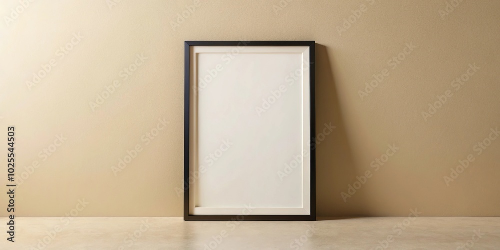 Depth of field black thin frame mock up in beige wall background Depth of field black thin frame mock up in beige wall background