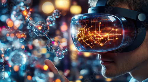 Immersed in virtual world, researcher explores molecular structures using augmented reality technology. vibrant visuals enhance scientific experience, showcasing innovation