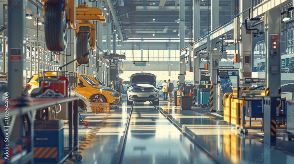 Car Manufacturing Assembly Line with Vehicles and Workers Car Manufacturing Assembly Line with Vehicles and Workers