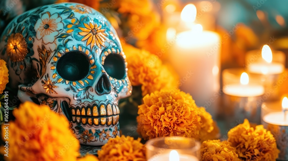 A close-up of a beautifully decorated sugar skull, with intricate patterns and bright colors, surrounded by marigold flowers and candles on a Day of the Dead altar. Day of the dead. A close-up of a beautifully decorated sugar skull, with intricate patterns and bright colors, surrounded by marigold flowers and candles on a Day of the Dead altar. Day of the dead.