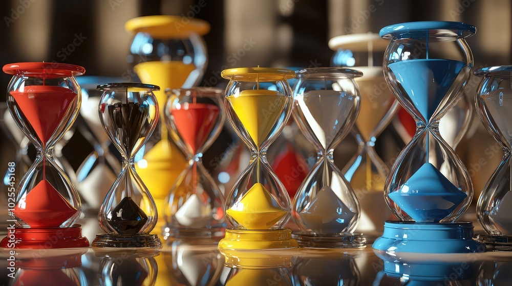Fototapeta premium Colorful Hourglasses Displaying Time's Passage