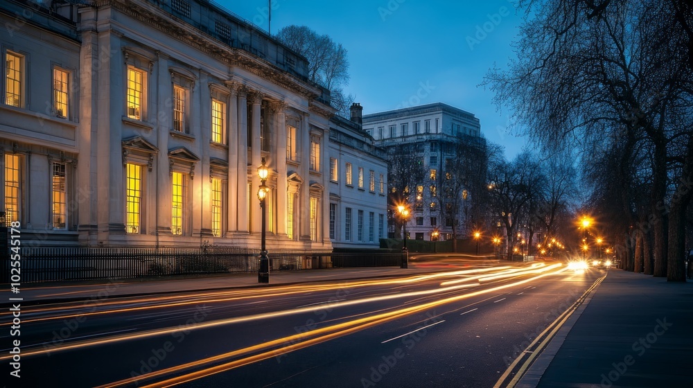 A street in London with classic architecture, street lights, and passing cars at dusk. A street in London with classic architecture, street lights, and passing cars at dusk.