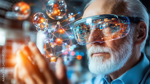 Innovative pharmaceutical researcher using augmented reality glasses to visualize complex data and molecular structures, showcasing advanced technology in lab environment