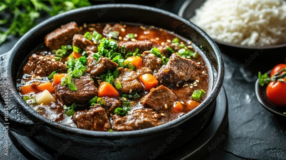 Delicious Beef Stew with Fresh Vegetables and Rice Delicious Beef Stew with Fresh Vegetables and Rice