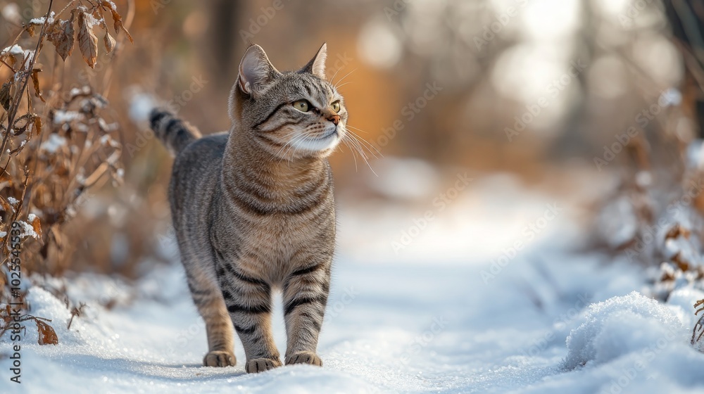 A tabby cat walks through a snowy forest, looking towards the right. A tabby cat walks through a snowy forest, looking towards the right.