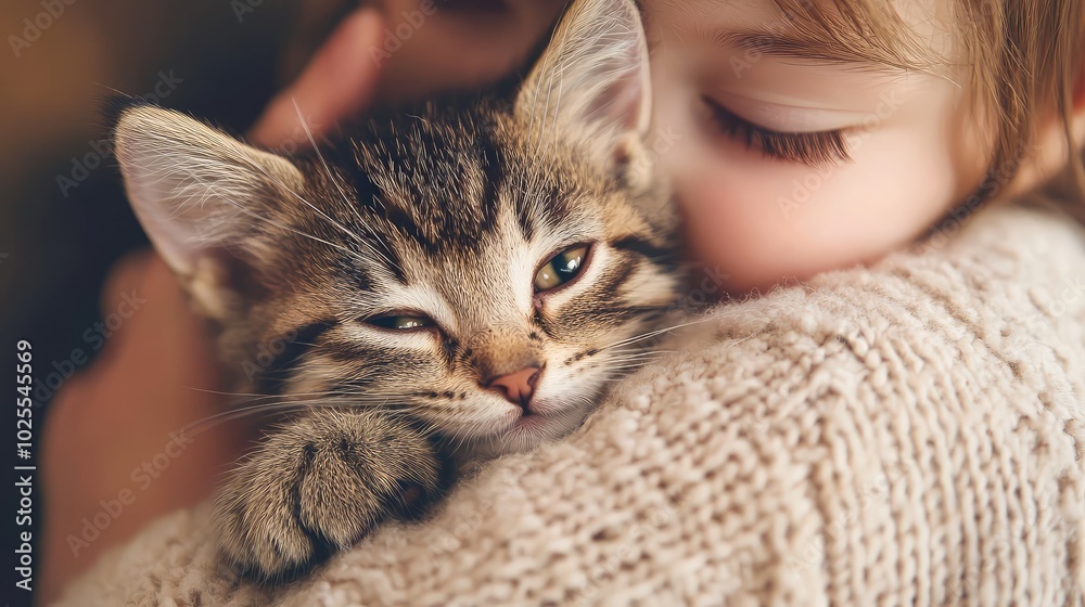Adorable Kitten Cuddled by Child in Cozy Setting Adorable Kitten Cuddled by Child in Cozy Setting