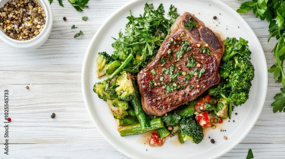 A top view of a juicy, grilled steak with fresh asparagus and broccoli on a white plate. A top view of a juicy, grilled steak with fresh asparagus and broccoli on a white plate.