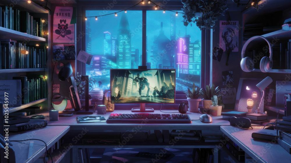 cozy dimly lit room with large monitor displaying futuristic scene, surrounded by books and plants cozy dimly lit room with large monitor displaying futuristic scene, surrounded by books and plants