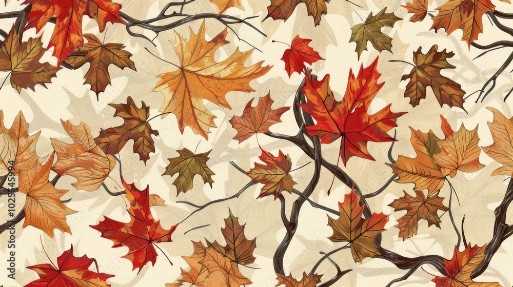 A Seamless Pattern of Fall Leaves on a Branch A Seamless Pattern of Fall Leaves on a Branch