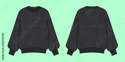 Ladies round neck drop shoulder bishop sleeves black sweatshirt flat sketch.