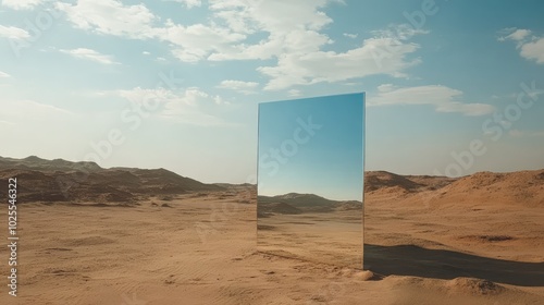 A wide shot of a mirror in the desert reflecting a distant oasis, creating a visual trick where the viewer sees water where there is none