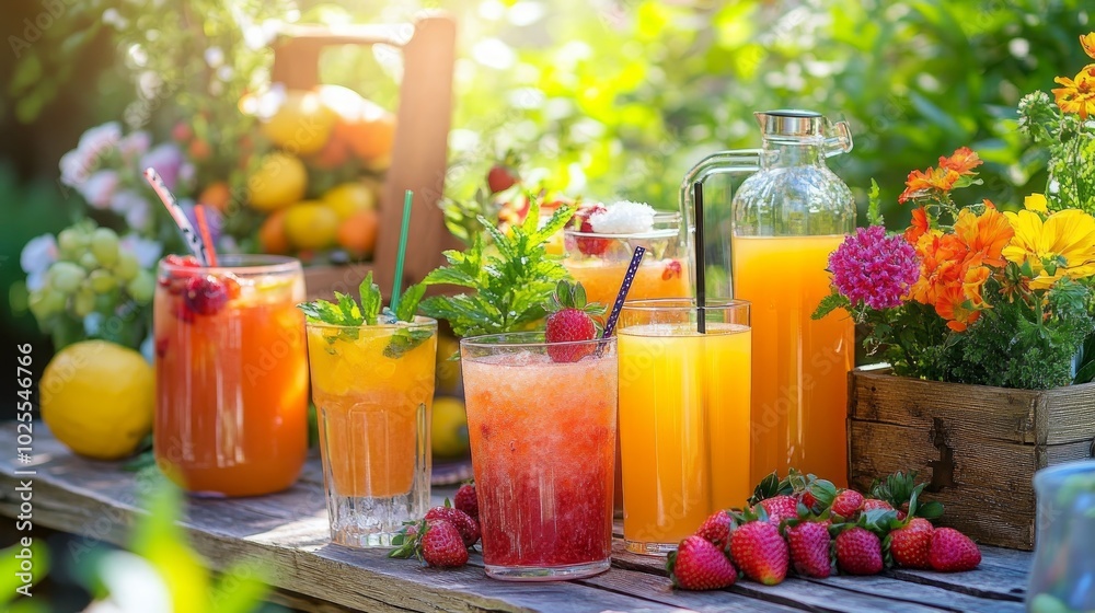 A variety of refreshing summer drinks, including lemonade, orange juice, and strawberry lemonade, are displayed on a rustic wooden table outdoors. A variety of refreshing summer drinks, including lemonade, orange juice, and strawberry lemonade, are displayed on a rustic wooden table outdoors.