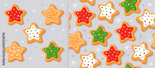 Set of New Year's gingerbread cookies in the shape of stars on gray background. And christmas seamless pattern for wrapping paper, fabric, card. Christmas cookies with sugar glazed.