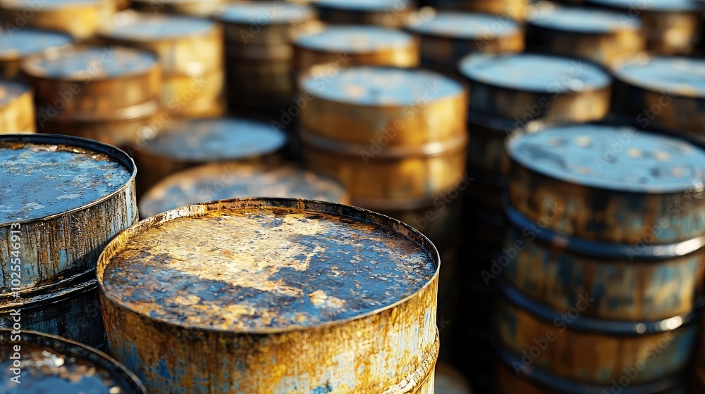 Close-Up of Oil Barrels Stacked in a Refinery Close-Up of Oil Barrels Stacked in a Refinery