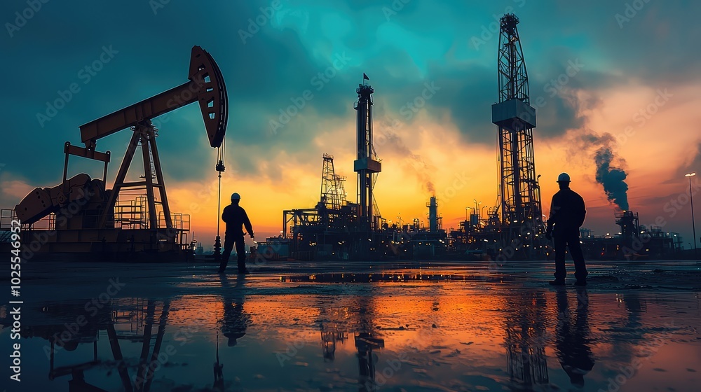 Workers at a Lively Oil Drilling Site at Sunset Workers at a Lively Oil Drilling Site at Sunset