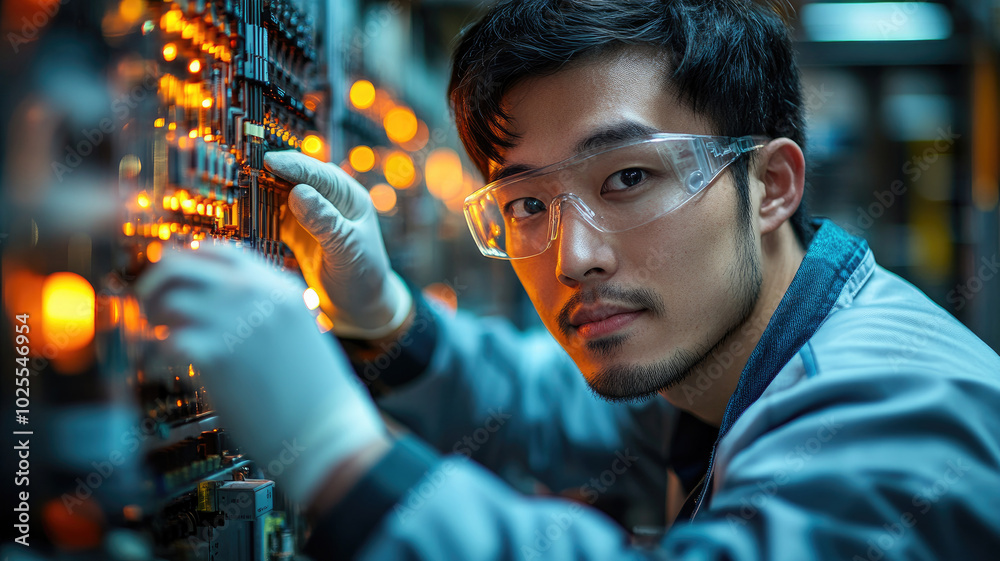 Asian man electronics engineer in safety gear working on a circuit board with glowing lights