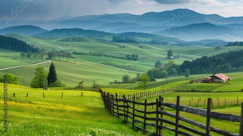 Serene Landscape with Rolling Hills and a Wooden Fence