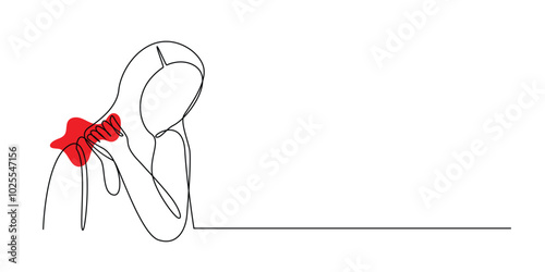 one continuous line drawing of shoulder pain.one line drawing of woman holding shoulder with hand.single line vector illustration.isolated white background