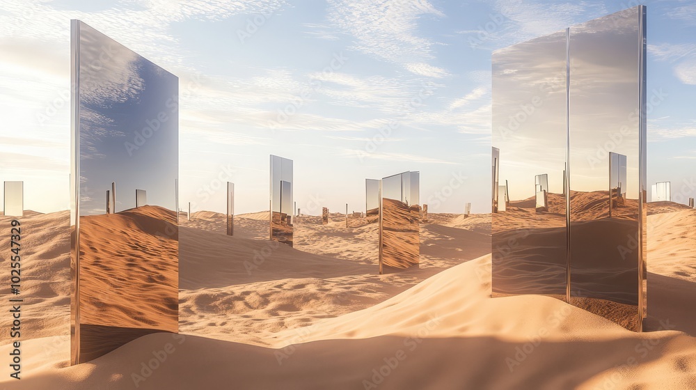 Multiple mirrors scattered across a desert landscape, reflecting the sky, dunes, and each other, creating a fragmented and abstract scene Multiple mirrors scattered across a desert landscape, reflecting the sky, dunes, and each other, creating a fragmented and abstract scene