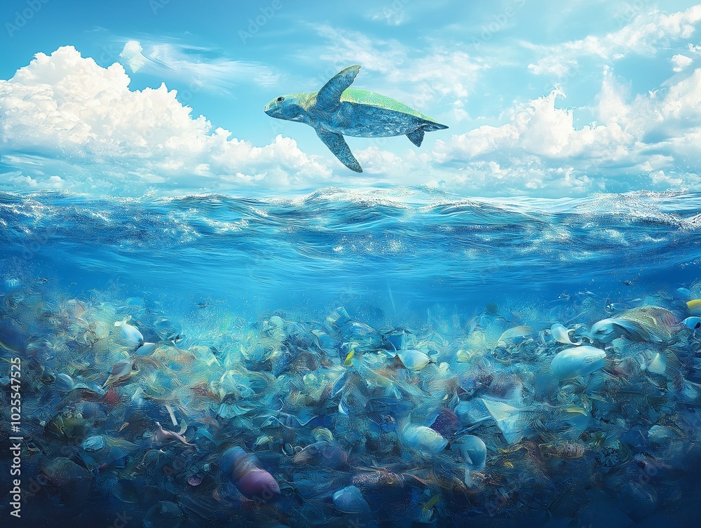 Fototapeta premium Environmental issue: turtle in polluted water among plastic waste