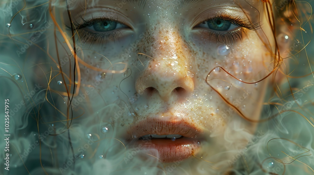 Close-Up Portrait of a Woman with Red Hair and Freckles Underwater Close-Up Portrait of a Woman with Red Hair and Freckles Underwater