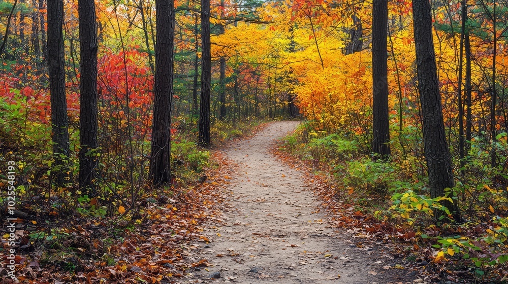 Fototapeta premium Scenic Hiking Trail Through a Colorful Forest in Autumn