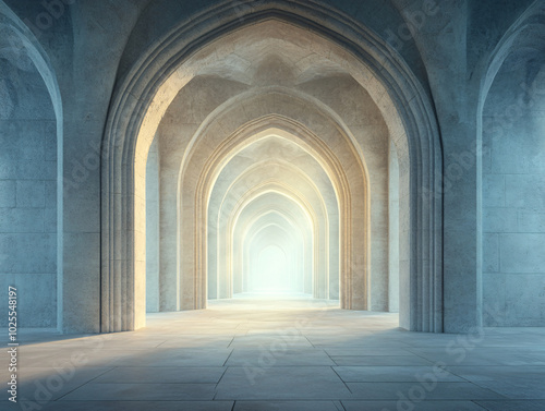 a grand stone archway with a large stained glass window, emitting a warm glow.