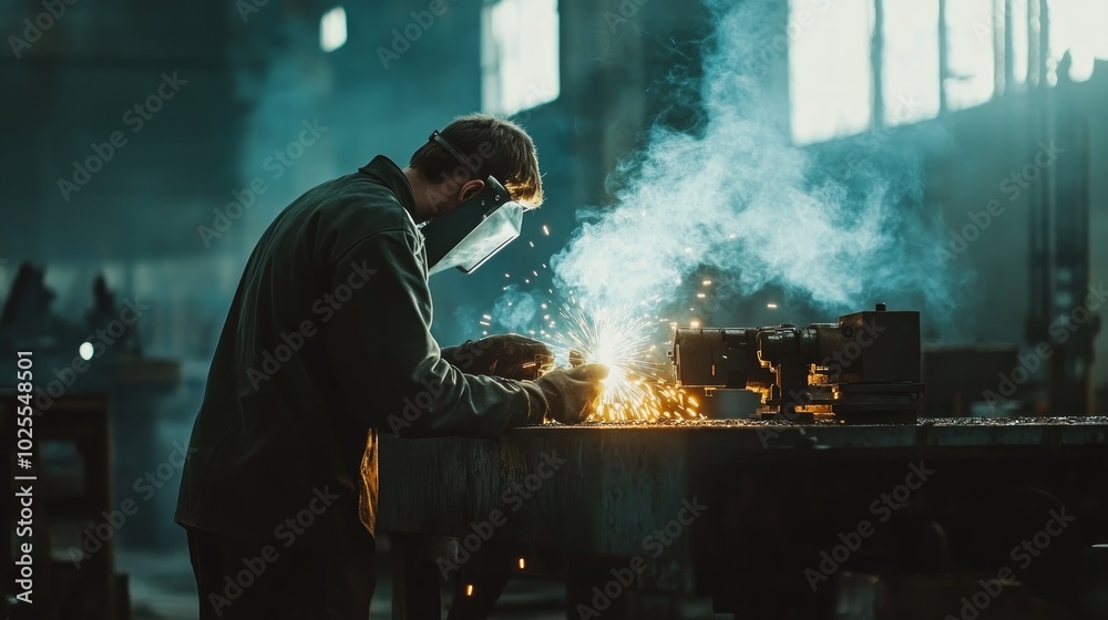 A welder wearing protective gear works on a metal object in an industrial setting. Sparks fly from the welding torch, and smoke fills the air.