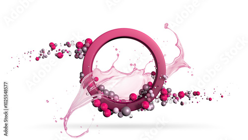 Abstract composition with red circular frame with pink liquid splash surrounded by red and grey spheres floating against grey background. 3D Illustration