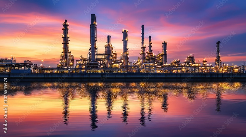 Dynamic Oil Refinery at Sunset with Towering Structures Dynamic Oil Refinery at Sunset with Towering Structures