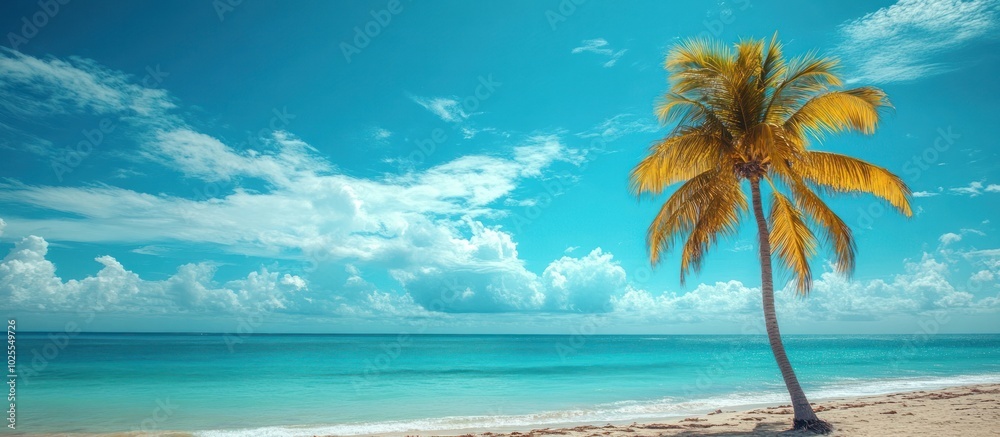 Obraz premium A single palm tree on a white sand beach with turquoise water and blue sky.