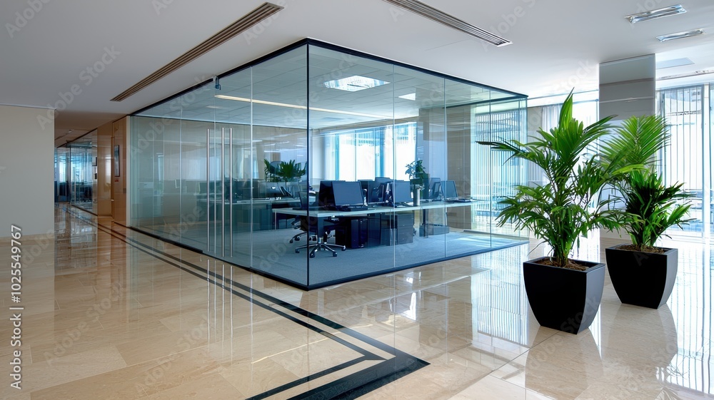Modern Workplace with Glass Partitions and Innovative Interior Design, Promoting Openness and Airiness