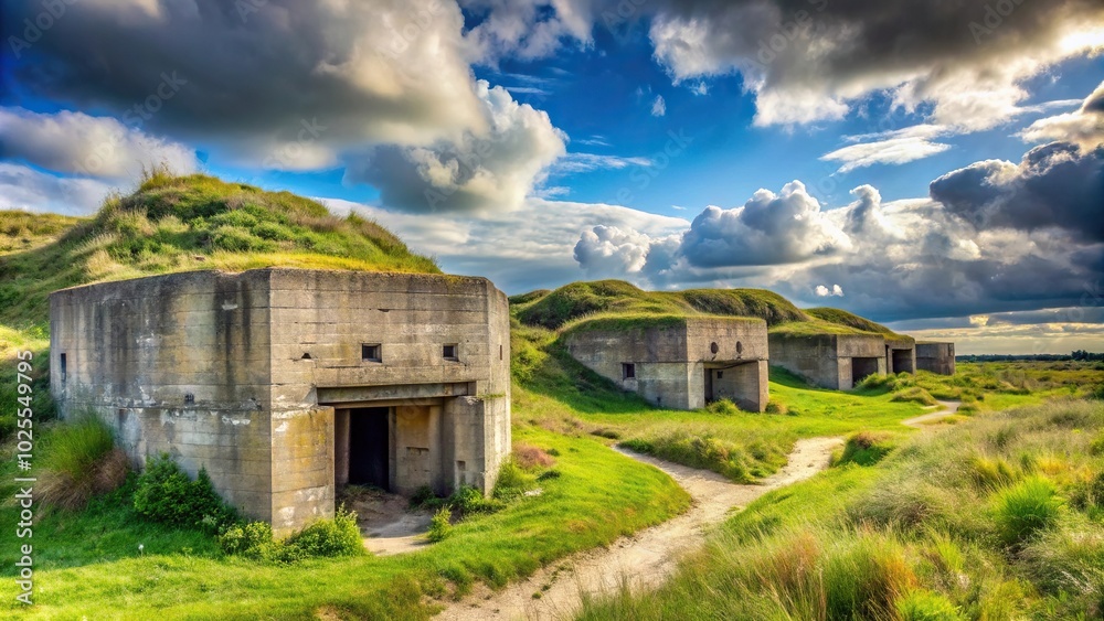 Obraz premium Derelict concrete bunkers set in picturesque landscape