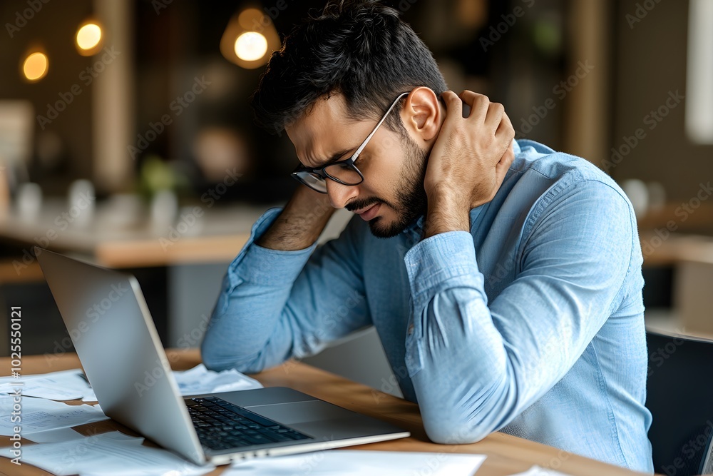 A man experiencing neck pain while working on laptop at desk A man experiencing neck pain while working on laptop at desk