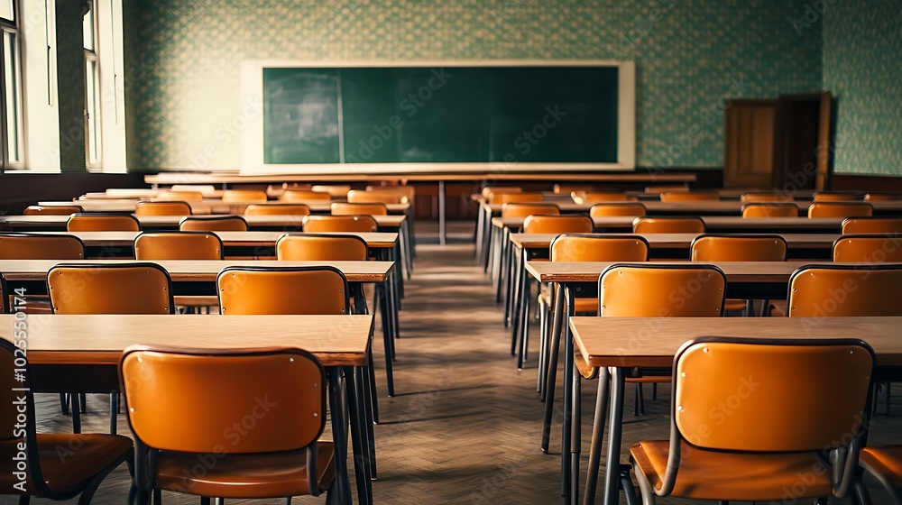 Fototapeta premium Empty Classroom Desks and Chairs in Rows